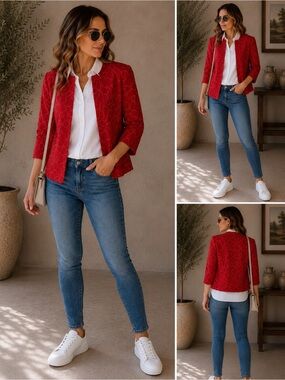 Women's Red Textured Open-Front Blazer Jacket by Barry bricken 100% linen